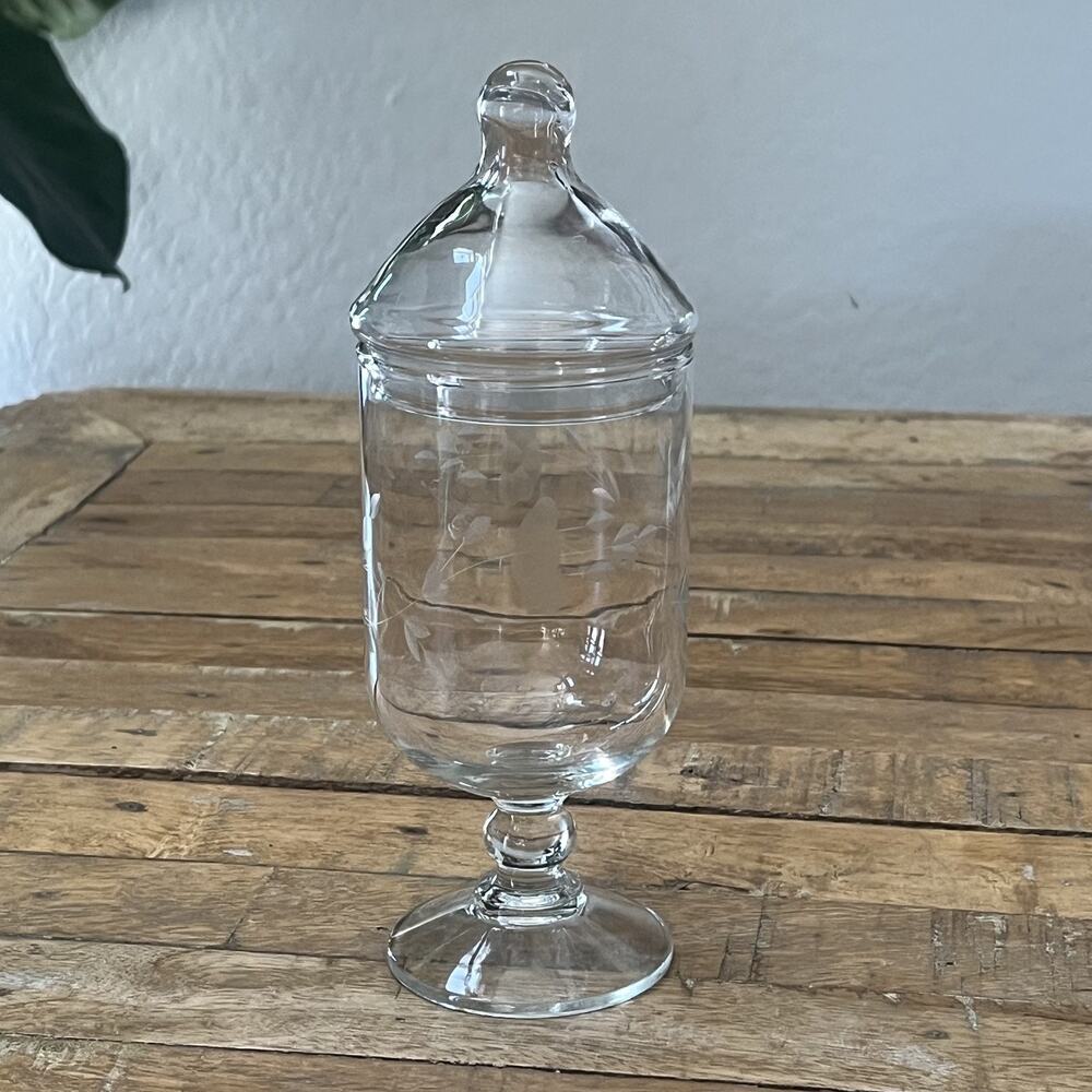 Princess House Heritage Glass Apothecary Jar 8.75" Etched Bird & Floral Design